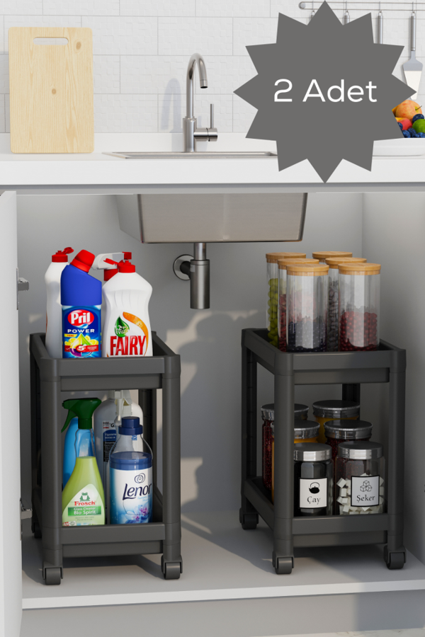 Mithra Life 2 Adet 2 Katlı Tekerlekli Tezgah Altı Siyah Banyo Mutfak Rafı MIT1122 - Image 1