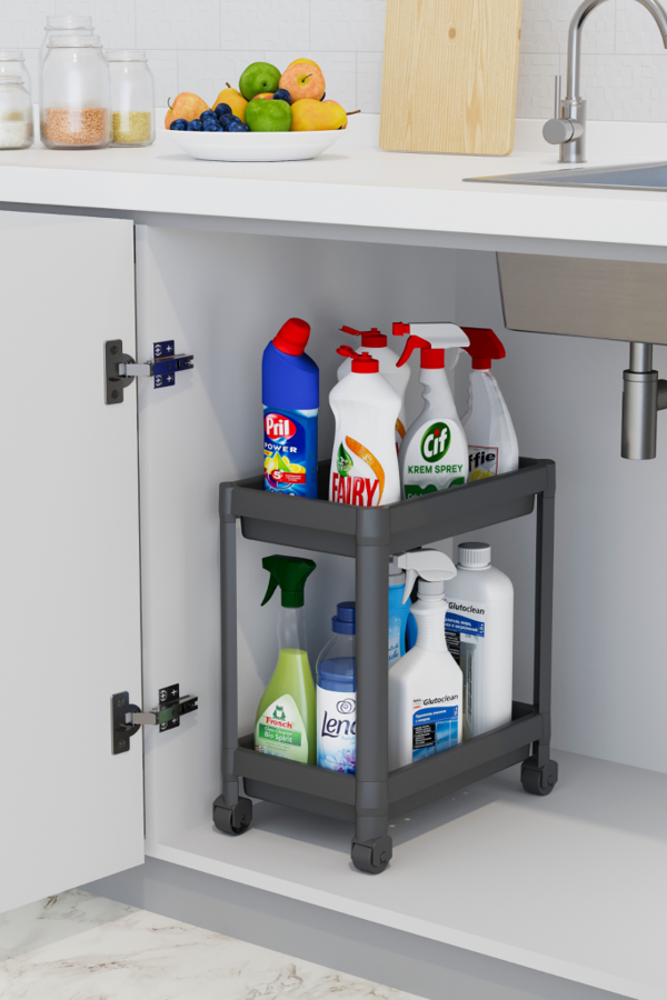 Mithra Life 2 Katlı Tekerlekli Tezgah Altı Siyah Banyo Mutfak Rafı MIT1121 - Image 1