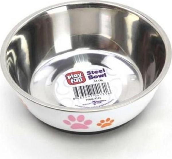 Playfull Pati Desenli Çelik Mama ve Su Kabı Kauçuk Tabanlı 14 cm - Image 1