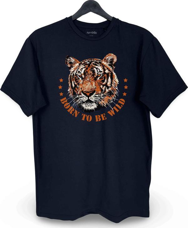 Born To Be Wild Kaplan Baskılı Loose Fit Bisiklet Yaka Unisex Tişört - Image 1