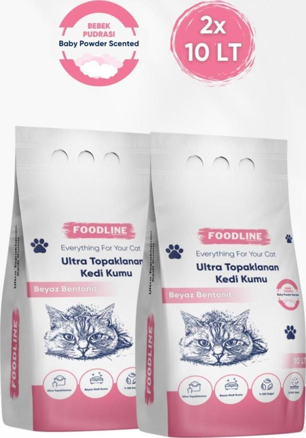 Foodline Bebek Pudrası Kokulu İnce Taneli Bentonit Topaklanan Kedi Kumu 10 Lt X 2 Adet - Image 1