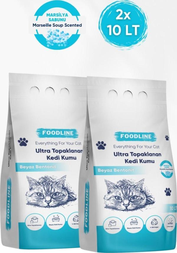 Foodline Marsilya Sabunu Kokulu İnce Taneli Bentonit Topaklanan Kedi Kumu 10 Lt X 2 Adet - Image 1