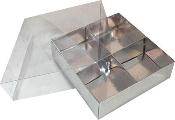 Asetat Kapaklı Karton Kutu 12x12x3 CM 4 Bölmeli Kutu (10 Adet)  Gümüş - Image 1