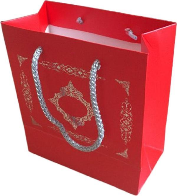 Karton İpsaplı Hediye Çantası Saray Desenli Gümüş 15X17X8 10 Adet  Kırmızı - Image 1