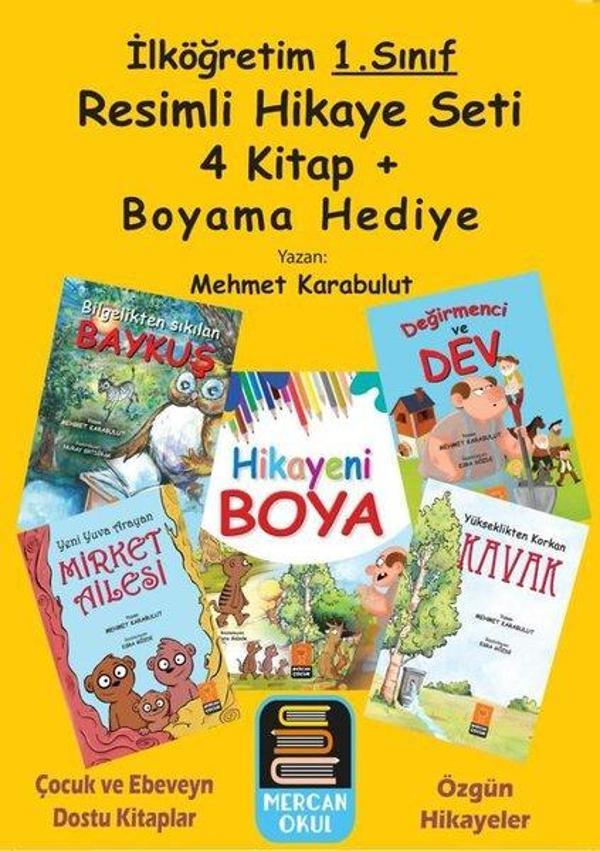 1. Sınıf Resimli Hikaye Seti - 4 Kitap Takım - Boyama Kitabı Hediyeli - Mercan Okul - Image 1