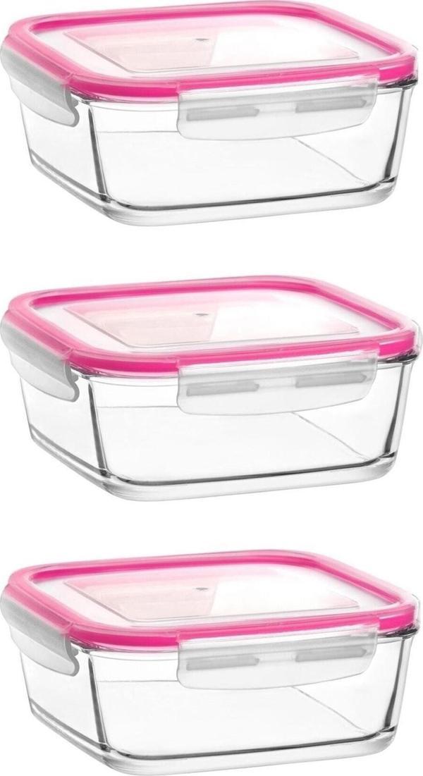 Lav Cam Kilitli Saklama Kabı 3'Lü Set Büyük Boy 1150Cc Pembe Kapak - Image 1