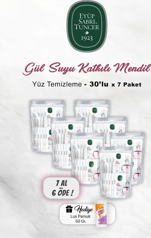7 AL 6 ÖDE Eyüp Sabri Tuncer Gül Suyu Yüz Temizleme Mendili 30'lu, Pamuk Hediyeli - Image 1