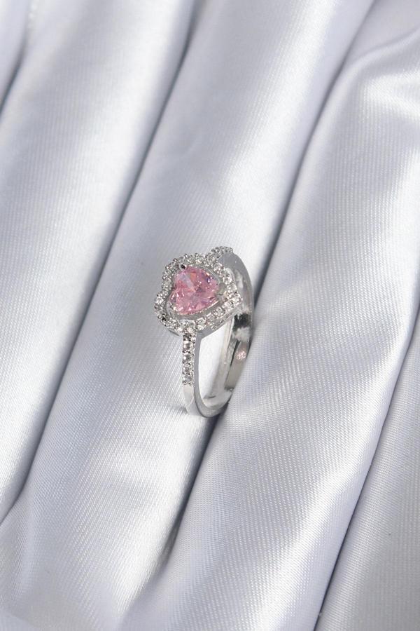 Gümüş Renk Pembe Zirkon Taş Kalp Charm Model Kadın Yüzük - EBJ241109W28925 - Image 1