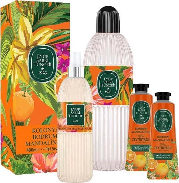 Eyüp Sabri Tuncer Bodrum Mandalinası Kolonyası Pet Şişe 400 ML, 150 ml ve 2 Adet El ve Vücut Kremi 50 ml - Image 1