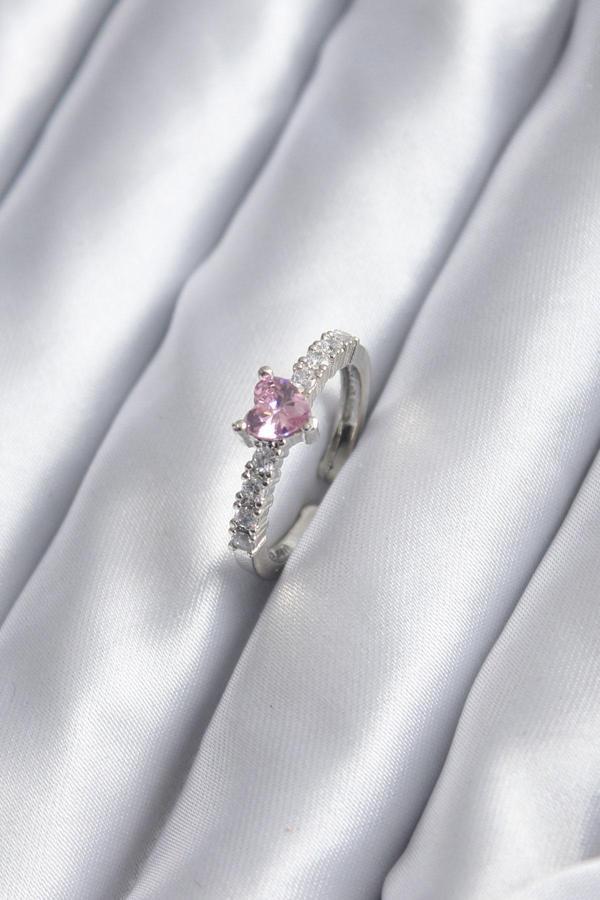 Gümüş Renk Zirkon Taşlı Pembe Kristal Kalp Model Kadın Yüzük - EBJ241109W28924 - Image 1