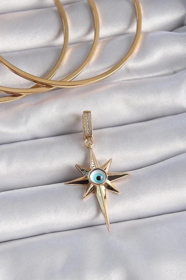 Gold Renk Zirkon Taşlı Kutup Yıldızı Nazar Boncuk Detay Ajda Charm - EBJ241109W28976 - Image 1