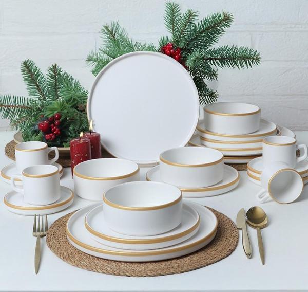 Keramika Mat Beyaz Gold Fileli Stackable Yemek / Kahvaltı Takımı 20 Parça 4 Kişilik - Image 1