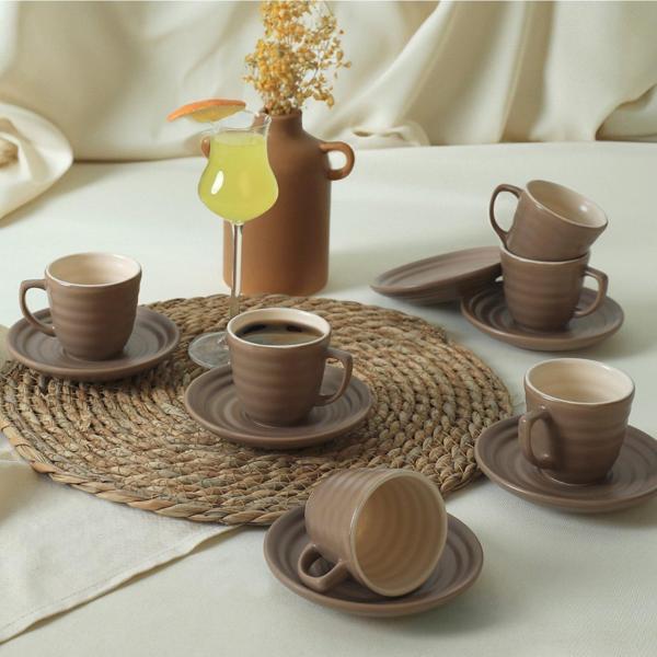 Keramika Mat Toprak Taupe / Krem Neva Kahve Takımı 12 Parça 6 Kişilik - Image 1