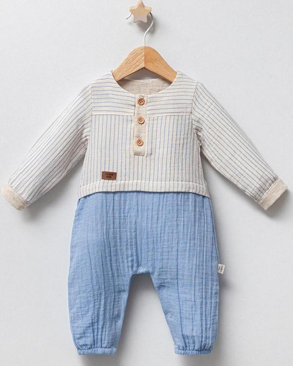 Tongs Baby Müslin Keten Çizgili 2'li Bebek Takım 5070 Mavi - Image 1
