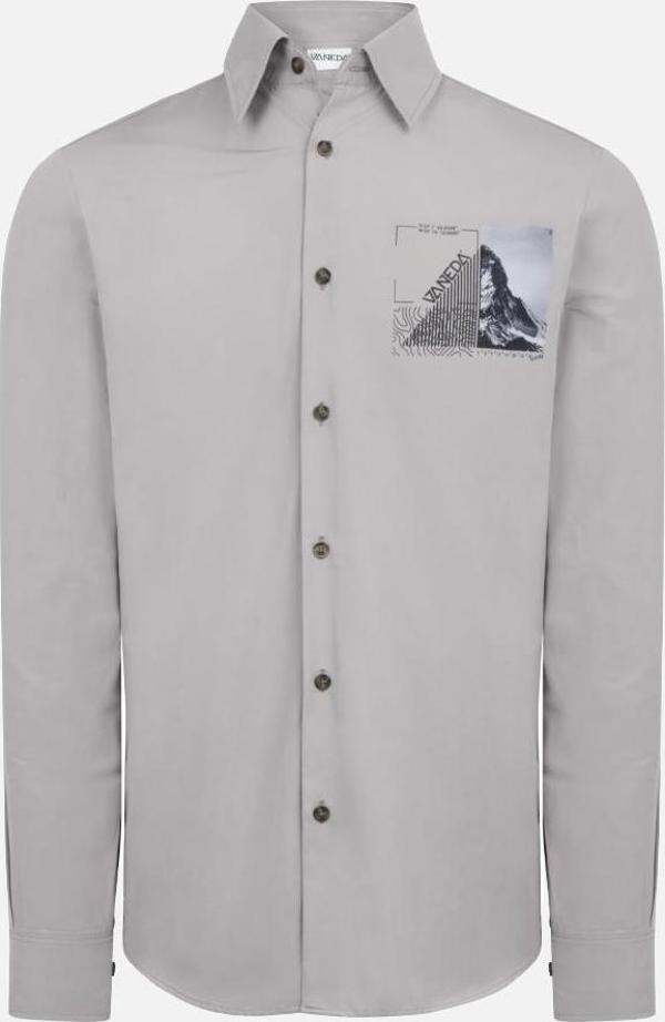 RELAXED FIT SIRT DESEN BASKILI COTON ERKEK GOMLEK GRİ  - Image 1