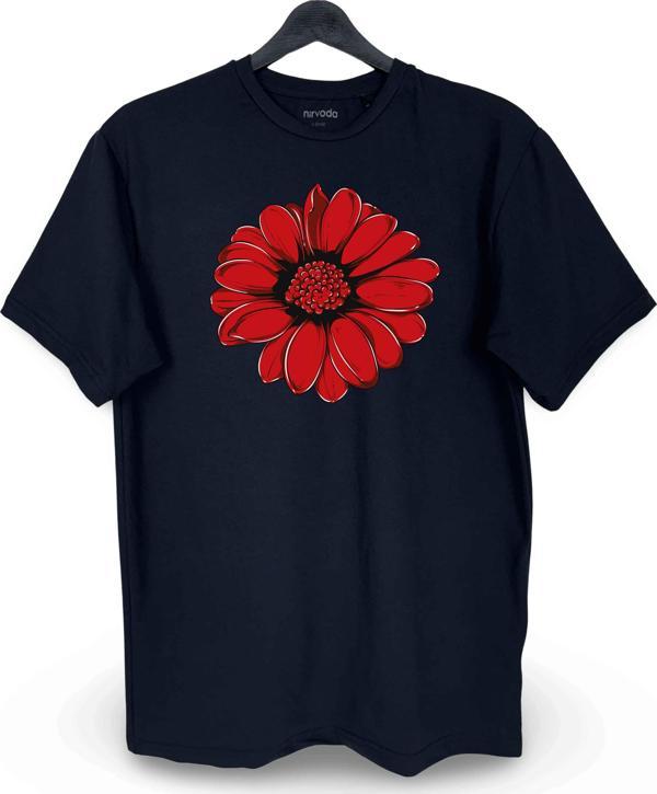 Kırmızı Gerbera Çiçek Baskılı Loose Fit Bisiklet Yaka Unisex Tişört - Image 1