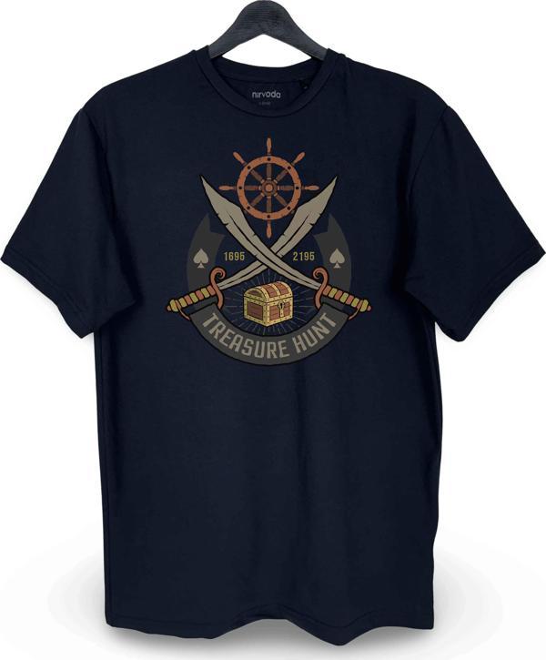 Korsan Kılıcı ve Hazine Baskılı Loose Fit Bisiklet Yaka Unisex Tişört - Image 1