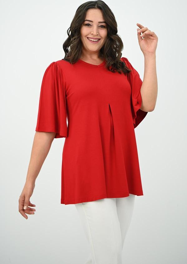 Kadın Büyük Beden Pileli V Yaka Bluz 1847-25 - Image 1