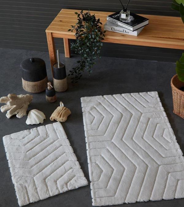 HC&W Plaid 2'li Ekru Banyo Paspası Seti - Image 1