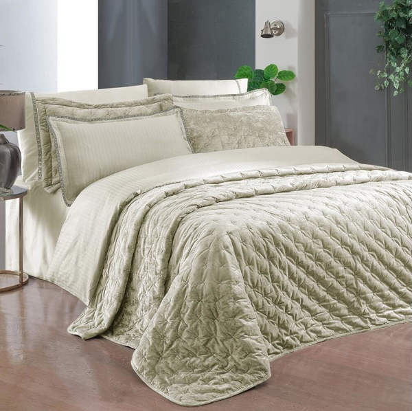 Sarev Metis Jacquard Stripe Çift Kişilik Bej Yatak Örtüsü Ve Nevresim Takımı - Image 1