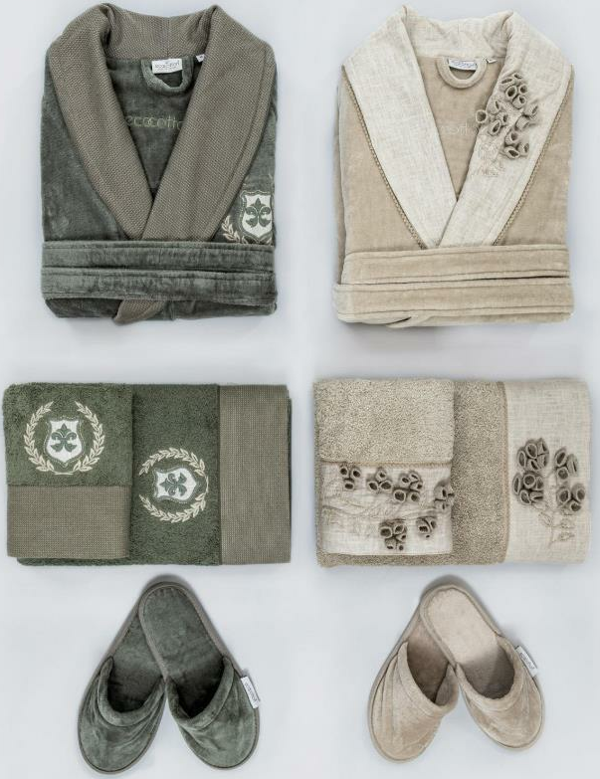 Ecocotton Masal %100 Organik Pamuk Bej-Yeşil Nakışlı Bornoz Seti - Image 1