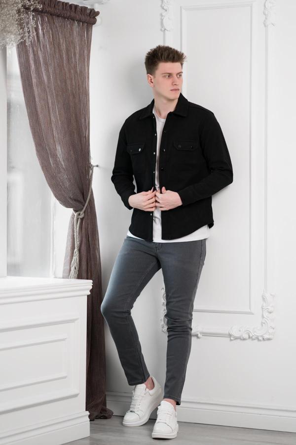 FBI Slimfit Çift Kapak Cepli Çıtçıt Kapamalı Erkek Kaşe Gömlek - Image 1