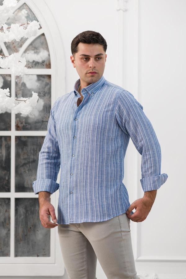 Advante Hasırlı Dokumalı Slimfit Çizgili Yaka Düğmeli Mevsimlik Kumaş Erkek Gömlek - Image 1