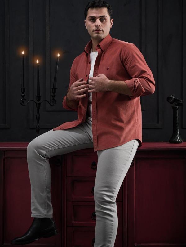 Paul Martin Regular Fit İnce Fitilli Yaka Düğmeli Pamuklu Erkek Kadife Gömlek - Image 1