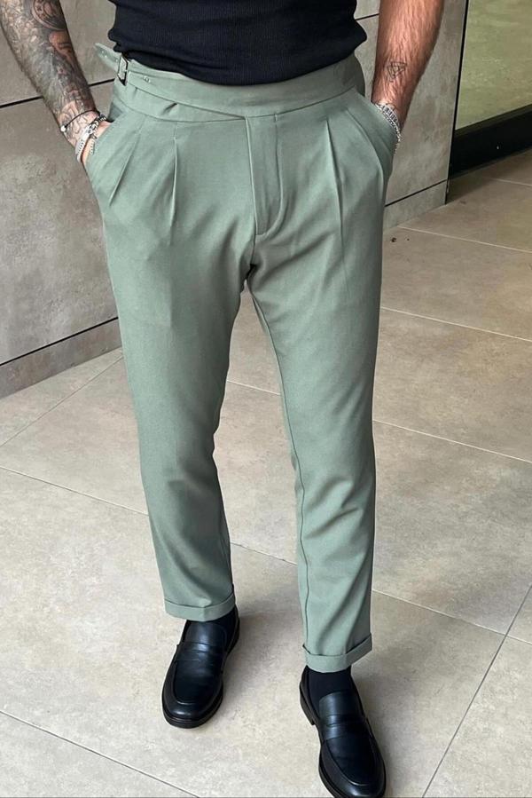 Çift Pileli Belden Kemer Detaylı Duble Dar Paça Slimfit Yazlık Kumaş Pantolon - Image 1
