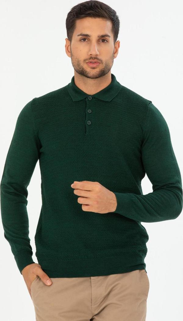 San&fa Triko Battal Büyük Beden Polo Yaka Kendinden Desenli Erkek Kazak - Image 1