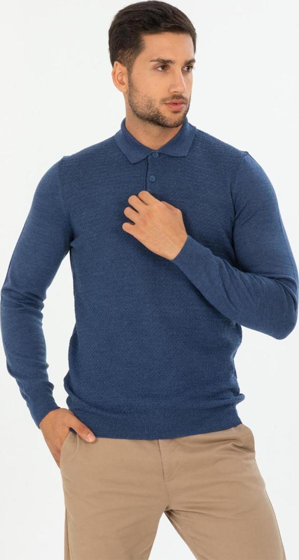 San&fa Triko Battal Büyük Beden Polo Yaka Kendinden Desenli Erkek Kazak - Image 1