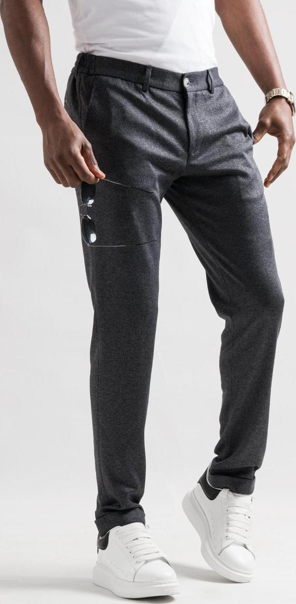 Slimfit Beli Lastikli Çizgili Duble Paça Kışlık Kumaş Erkek Jogger Pantolon - Image 1