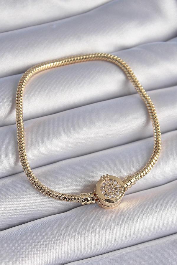 316L Çelik Zincir Gold Renk Zirkon Taşlı Charm Model Kadın Bileklik - TJ-BB6423 - Image 1