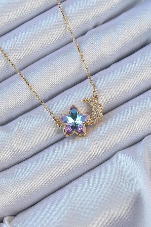 316L Çelik Zincir Altın Renk Ay Tasarımlı Renkli Zirkon Taşlı Çiçek Kolye - TJ-BKO9135 - Image 1