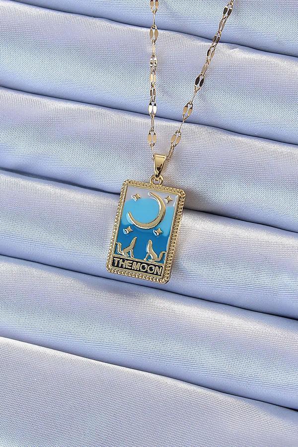 316L Çelik Zincir Altın Renk Mavi Mineli Ay Figür Tarot Kolye - TJ-BKO9213 - Image 1