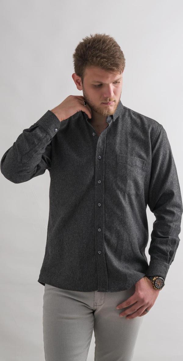 Rahat Kesim Cepli Yaka Düğmeli Armürlü Nokta Desenli Kışlık Kumaş Erkek Gömlek  - Image 1