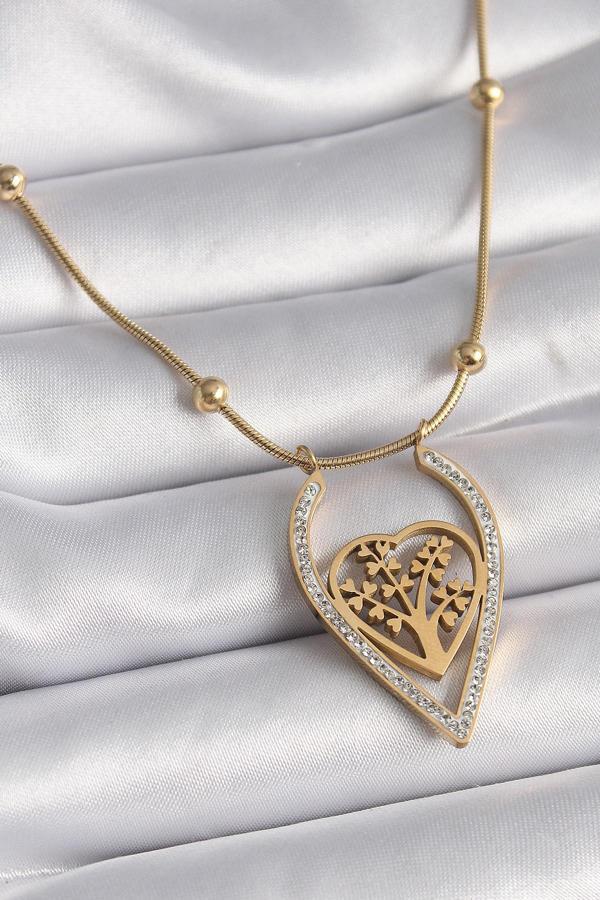 316L Çelik Gold Renk Zirkon Taşlı Detaylı Kalp Fidan Model Kadın Kolye - TJ-BKO9405 - Image 1