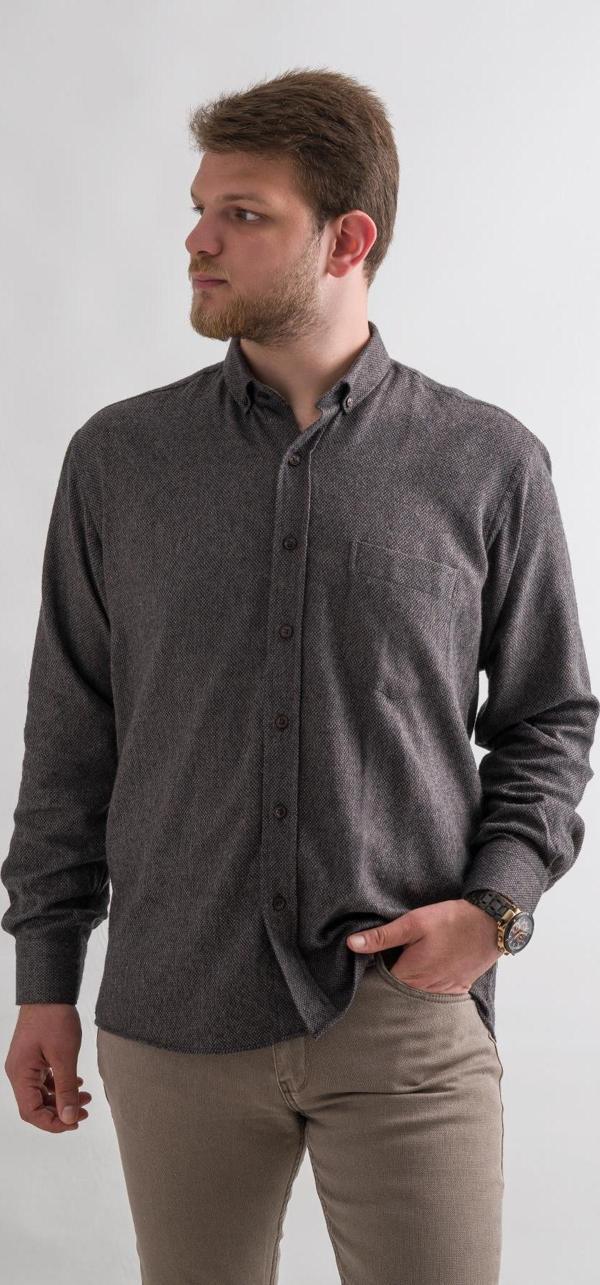 Rahat Kesim Cepli Yaka Düğmeli Armürlü Nokta Desenli Kışlık Kumaş Erkek Gömlek  - Image 1