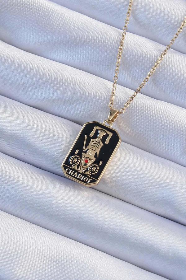 316L Çelik Zincir Altın Renk Siyah Mineli Tarot Kolye - TJ-BKO9247 - Image 1