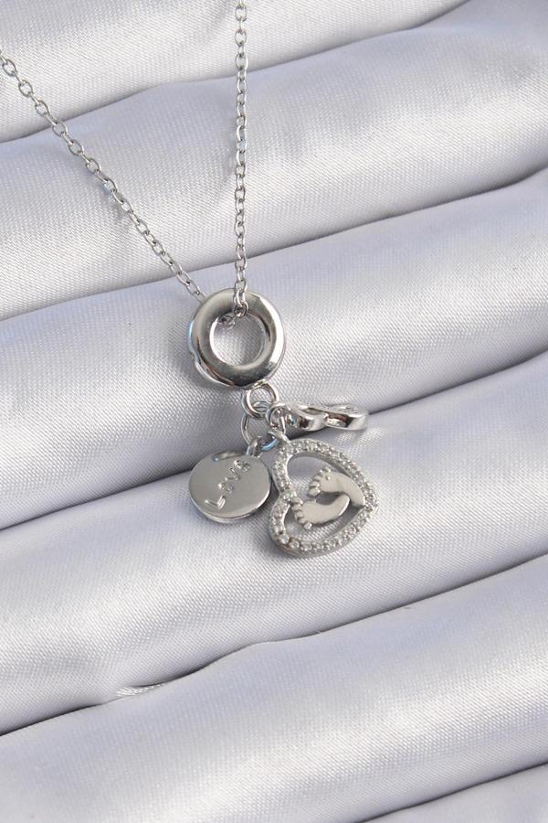 316L Çelik Gümüş Renk Zirkon Taş Detay Kalp Model Charm Kadın Kolye - TJ-BKO9305 - Image 1