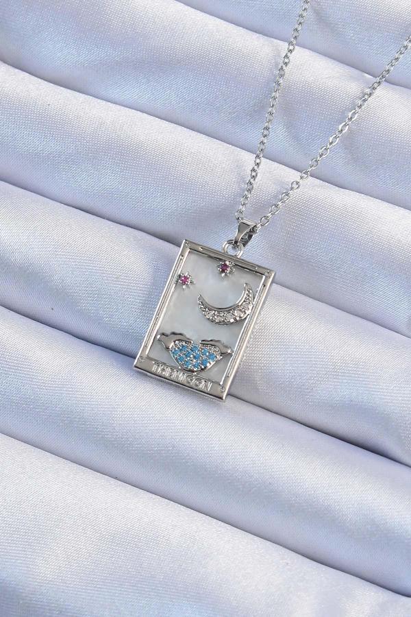 316L Çelik Zincir Gümüş Renk Zirkon Taşlı Ay Figürlü Tarot Kolye - TJ-BKO9252 - Image 1