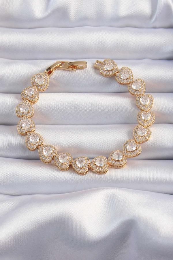 Pirinç Vip Seri Gold Renk Zirkon Taşlı Kalp Model Bileklik - TJ-BB6316 - Image 1