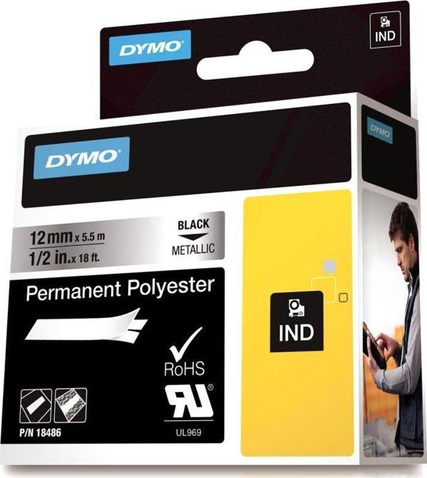 DYMO Rhino 18486 Polyester Şerit 12mmx5,5m Metalikgri/Siyah - Image 1