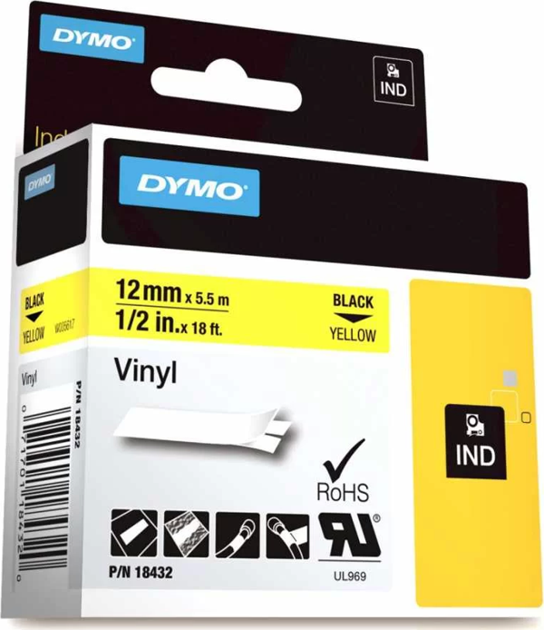 DYMO RhinoPRO 18432 Sarı/Siyah Renkli Vinil Şerit 12 mm x 5,5 mt - Image 1