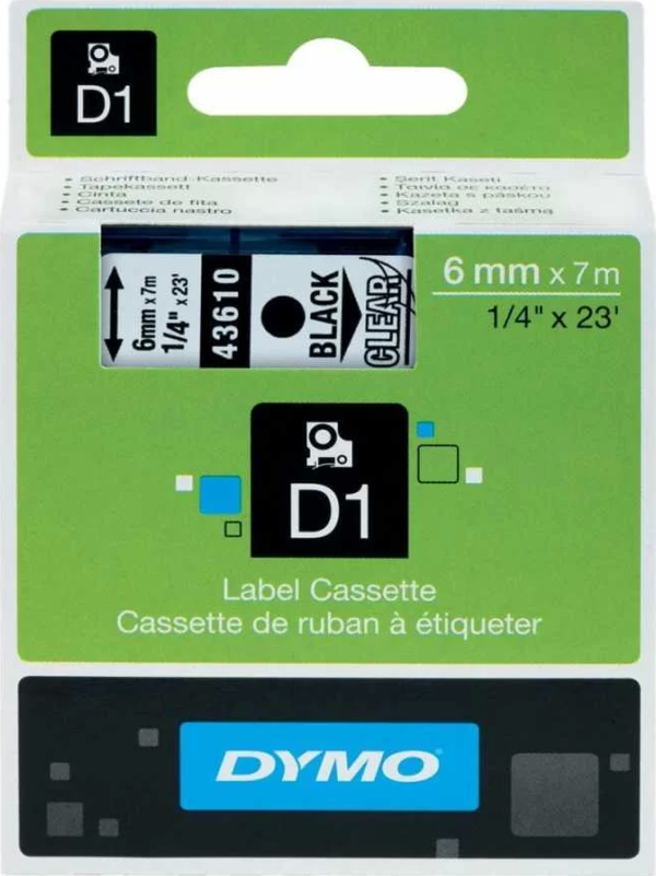 DYMO 43610 Şeffaf/Siyah D1 Yedek Şerit (6 mm x 7 mt) Şeffaf Etiket Üzerine Siyah Yazar - Image 1