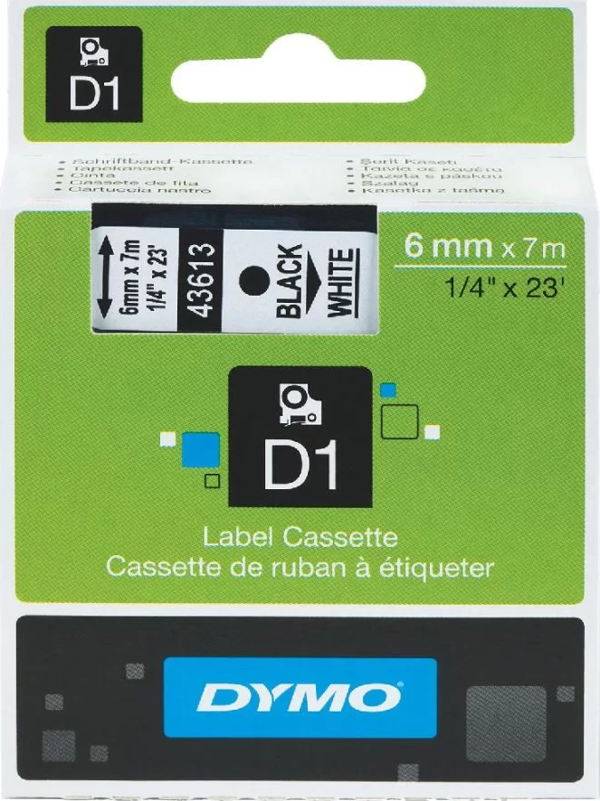 DYMO 43613 Beyaz/Siyah D1 Yedek Şerit (6 mm x 7 mt) - Image 1