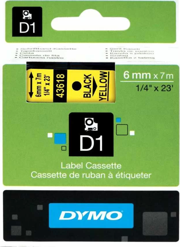 DYMO 43618 Sarı/Siyah D1 Yedek Şerit (6 mm x 7 mt) Sarı Etiket Üzerine Siyah Yazar - Image 1