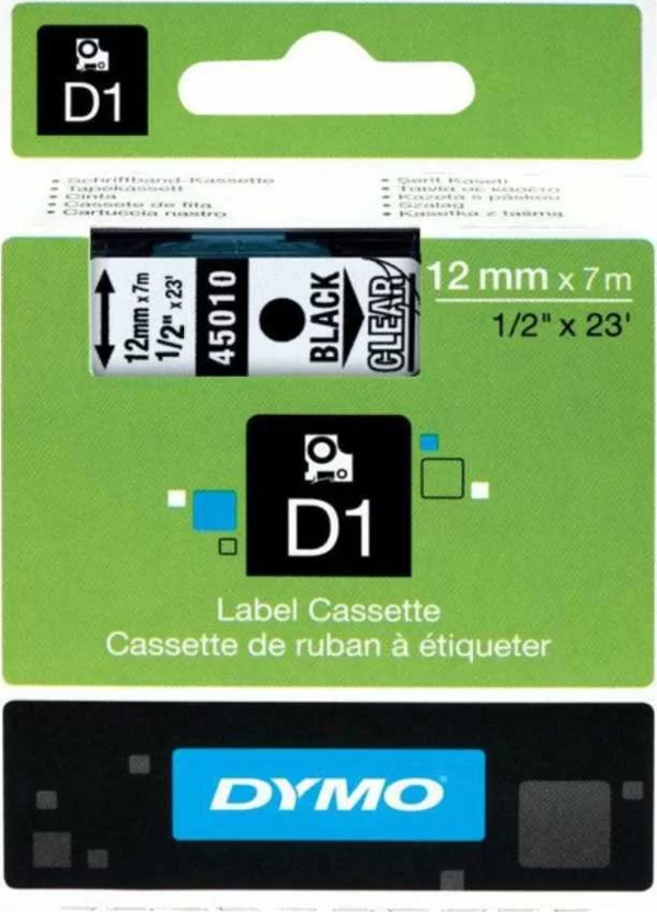 DYMO 45010 Şeffaf/Siyah D1 Yedek Şerit (12 mm x 7 mt) - Image 1