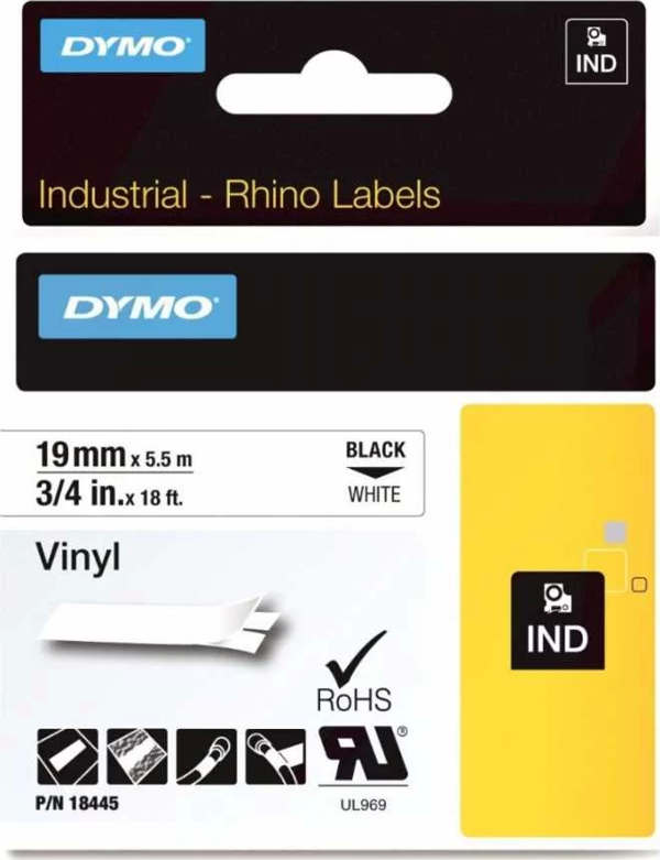 DYMO RhinoPRO 18445 Beyaz/Siyah Renkli Vinil Şerit 19 mm x 5,5 mt - Image 1