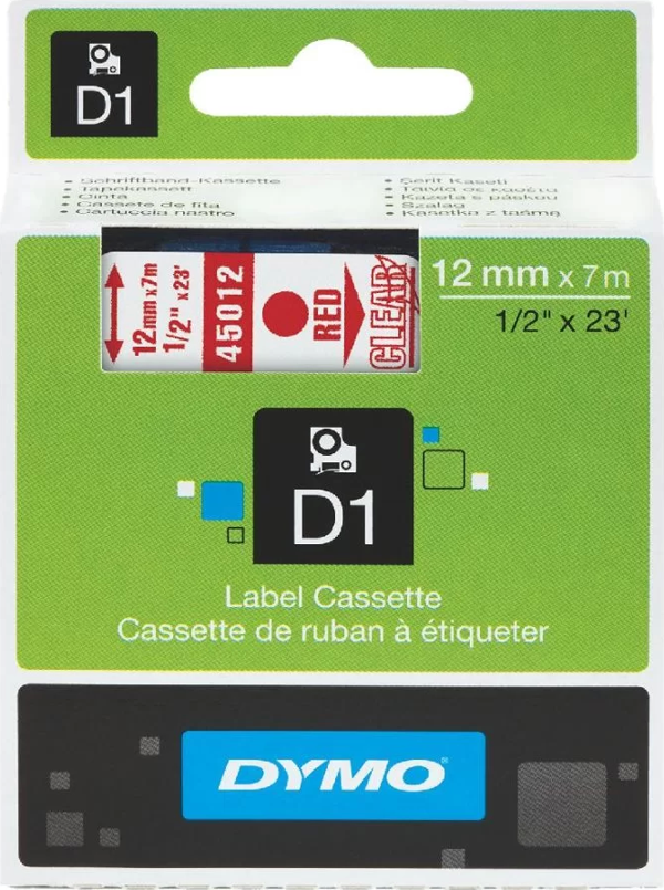 DYMO 45012 Şeffaf/Kırmızı D1 Yedek Şerit (12 mm x 7 mt) - Image 1